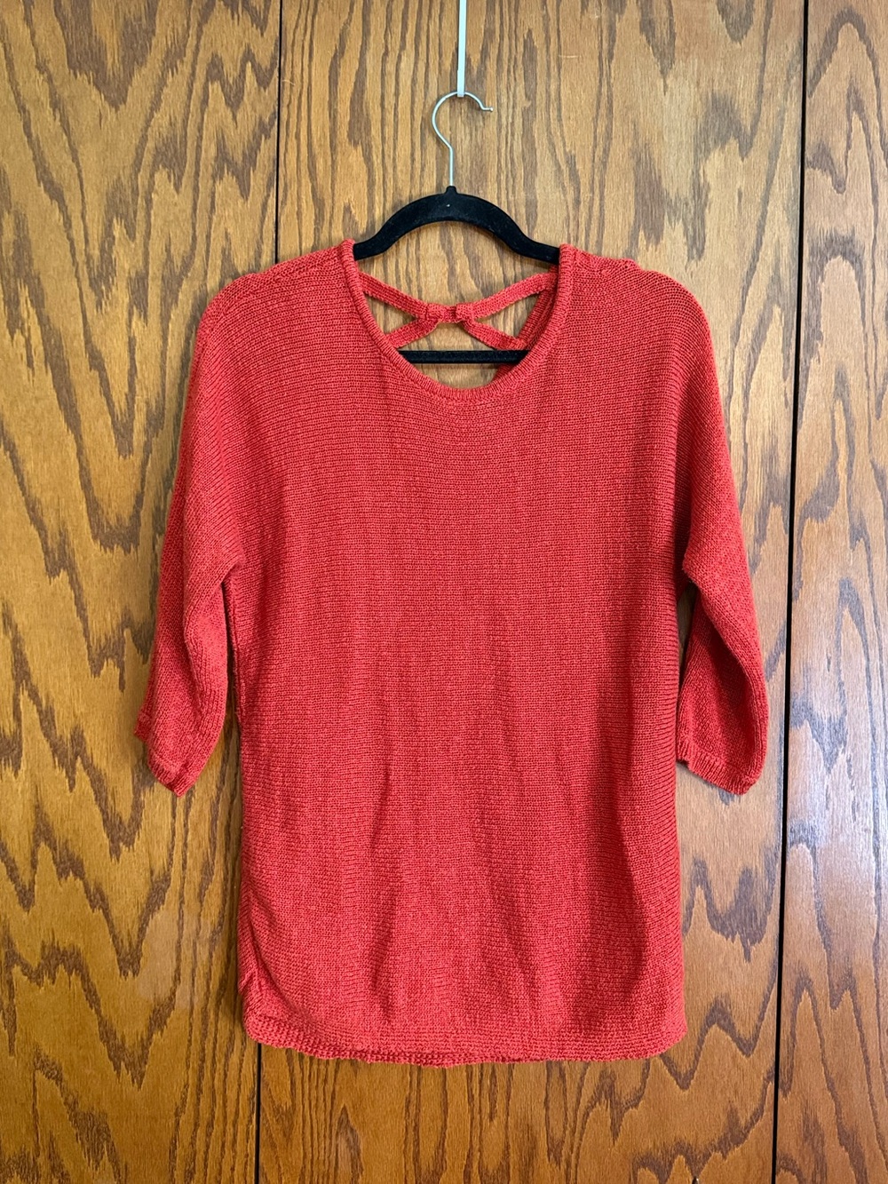Chico's Red Textured Knit Sweater Top Keyhole Tie Neck 3/4 Sleeve Size 0